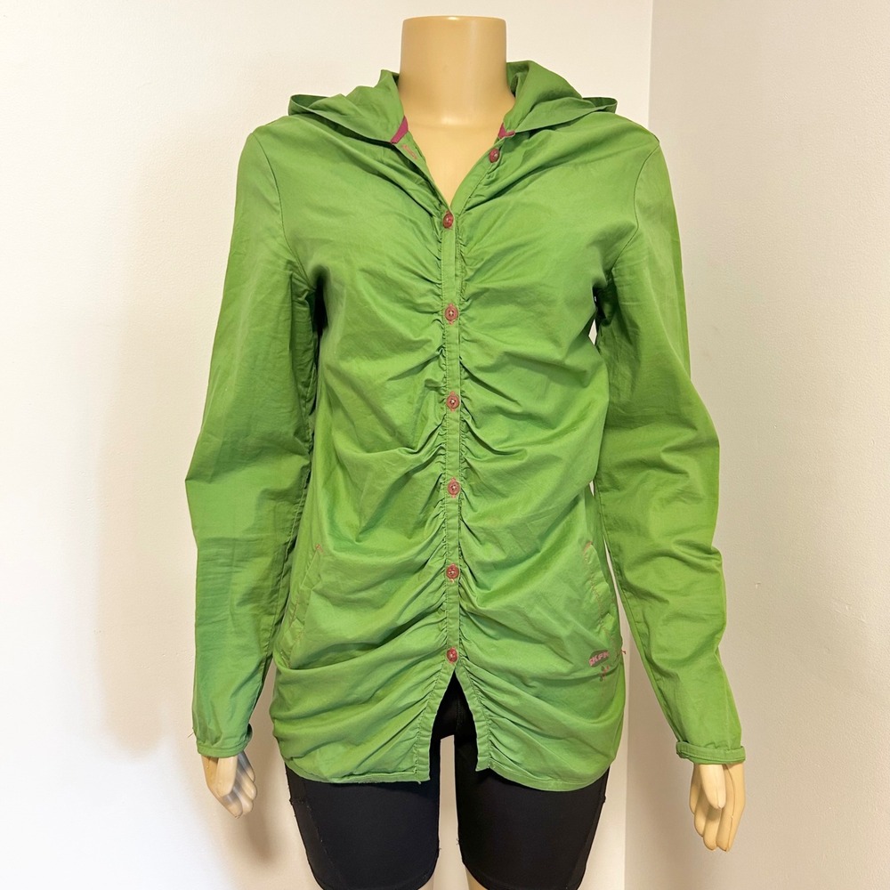 Skunkfunk SKFK Green Ruched Button Down Hooded Shirt Long Sleeve Womens